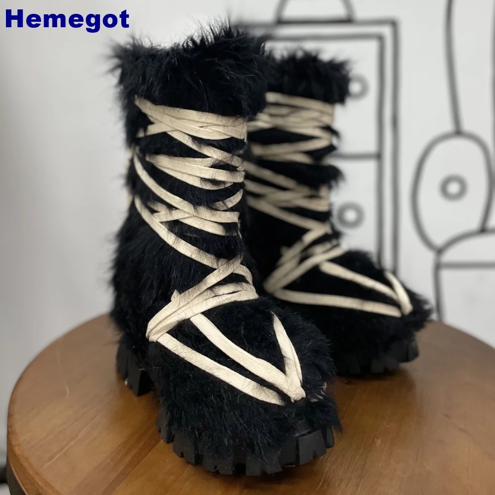 Women Black Furry Mid Calf Pla - Street Fashion Y2K 评论和价格